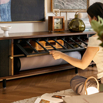 Gael Vintage TV Stand with Glass Display Cabinet, Mid-Century Walnut Media Console