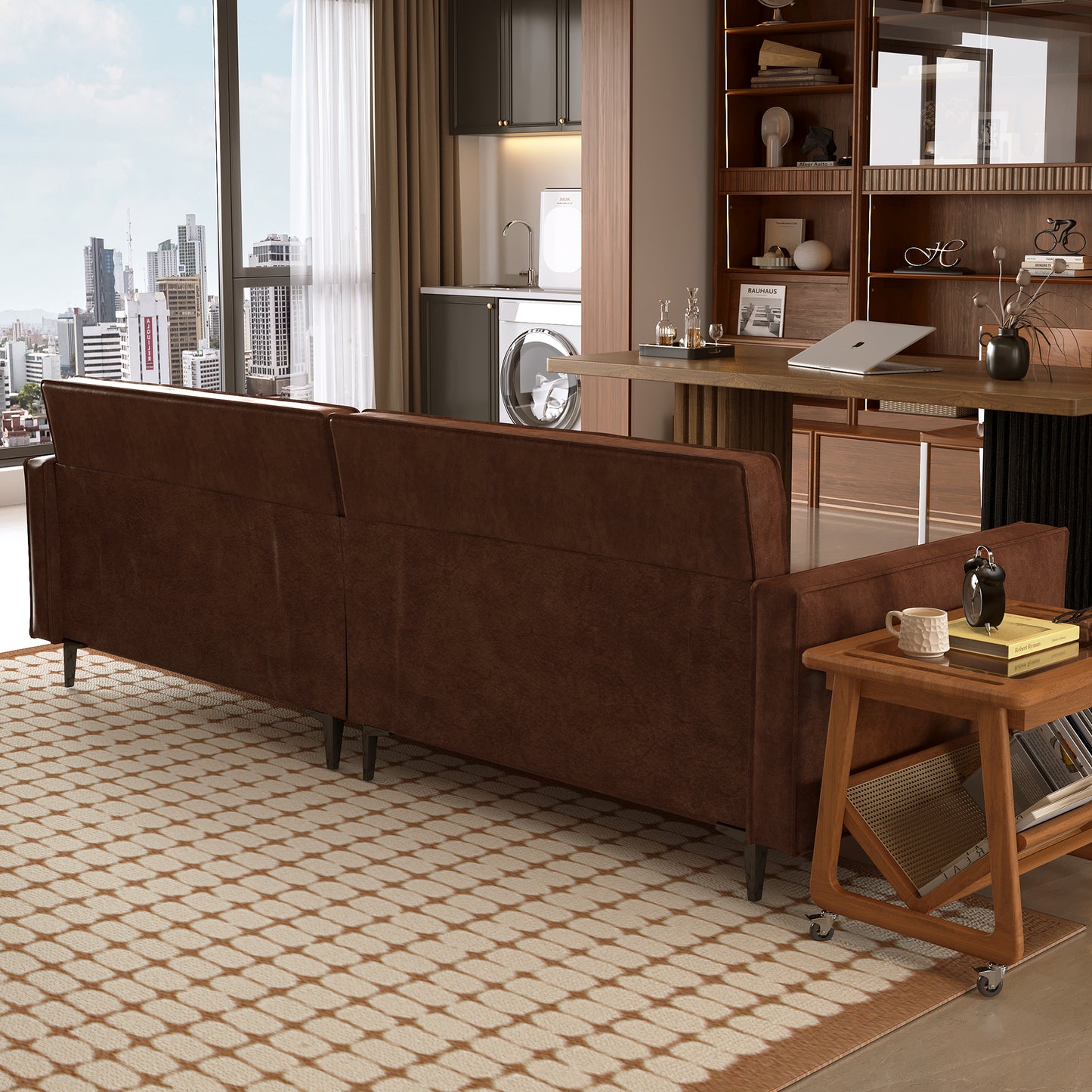 Mid-Century 3-Seater Leather Sofa with Removable Backrest and Cushions, Vintage Modern Lounge Couch for Office, Apartment, Living Room, Bedroom, with Sturdy Metal Legs - 86.61 Inches, Brown