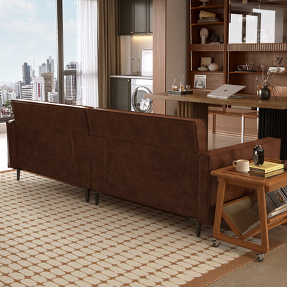 Mid-Century 3-Seater Leather Sofa with Removable Backrest and Cushions, Vintage Modern Lounge Couch for Office, Apartment, Living Room, Bedroom, with Sturdy Metal Legs - 86.61 Inches, Brown