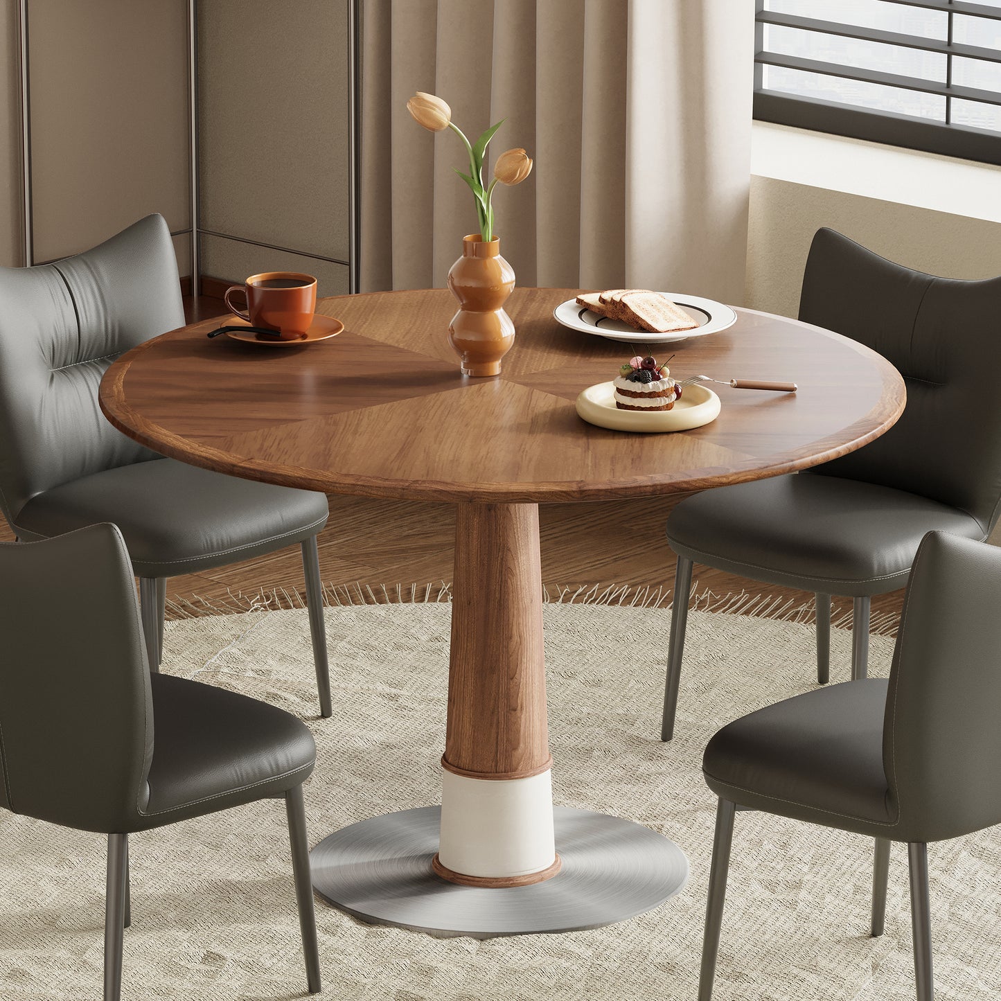Dining Table XNSH1666 Modern Round Walnut Wood Metal Base 47.2"