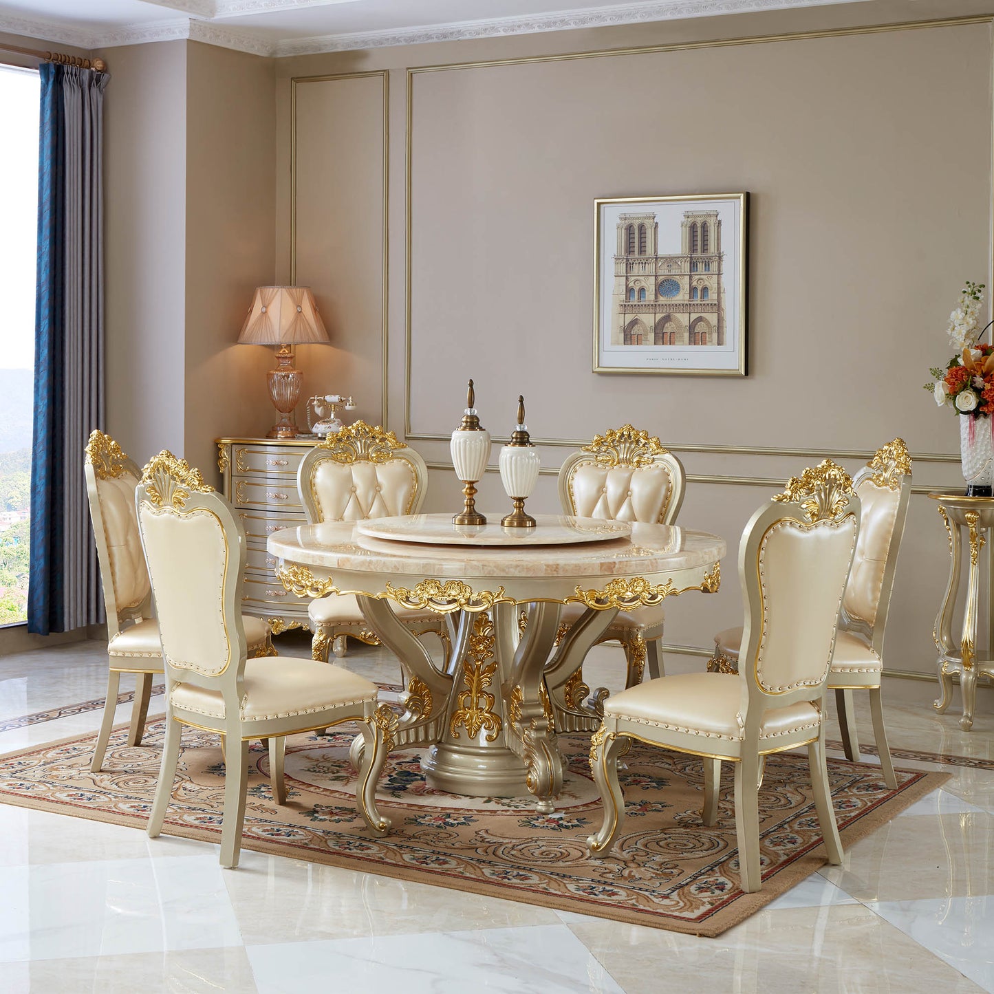 Royale Opulence Round Dining Table with Lazy Susan – French Palace Dining Collection