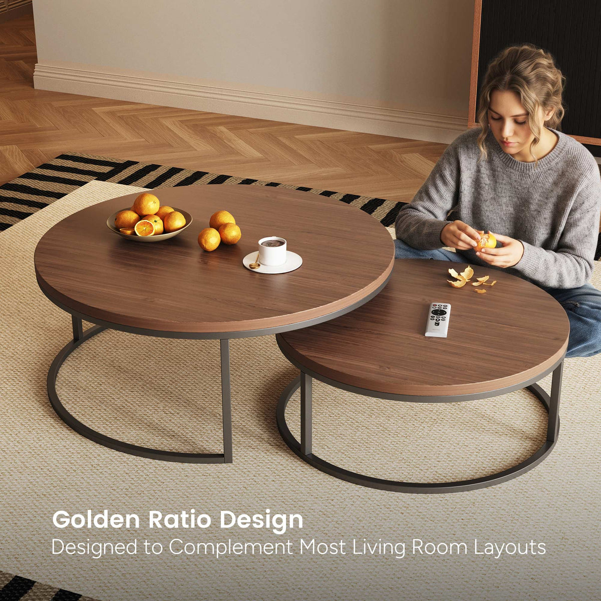 Round Nesting Coffee Tables  55.2" Set of 2 Two-Tone Finish （Warm Walnut）