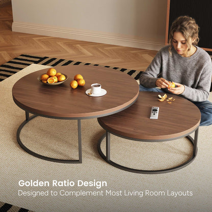 Round Nesting Coffee Tables  55.2" Set of 2 Two-Tone Finish （Warm Walnut）