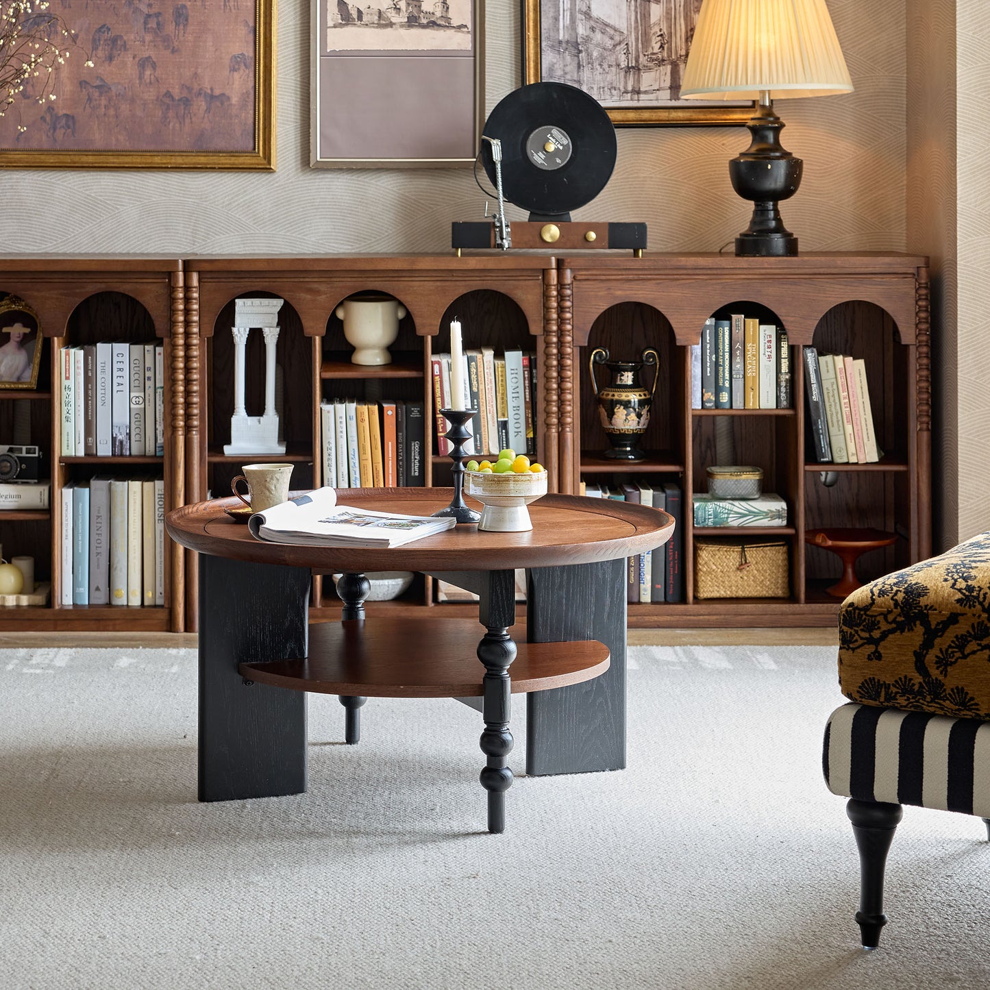 Semo Vintage Round Coffee Table, Mid-Century Walnut Living Room Center Table