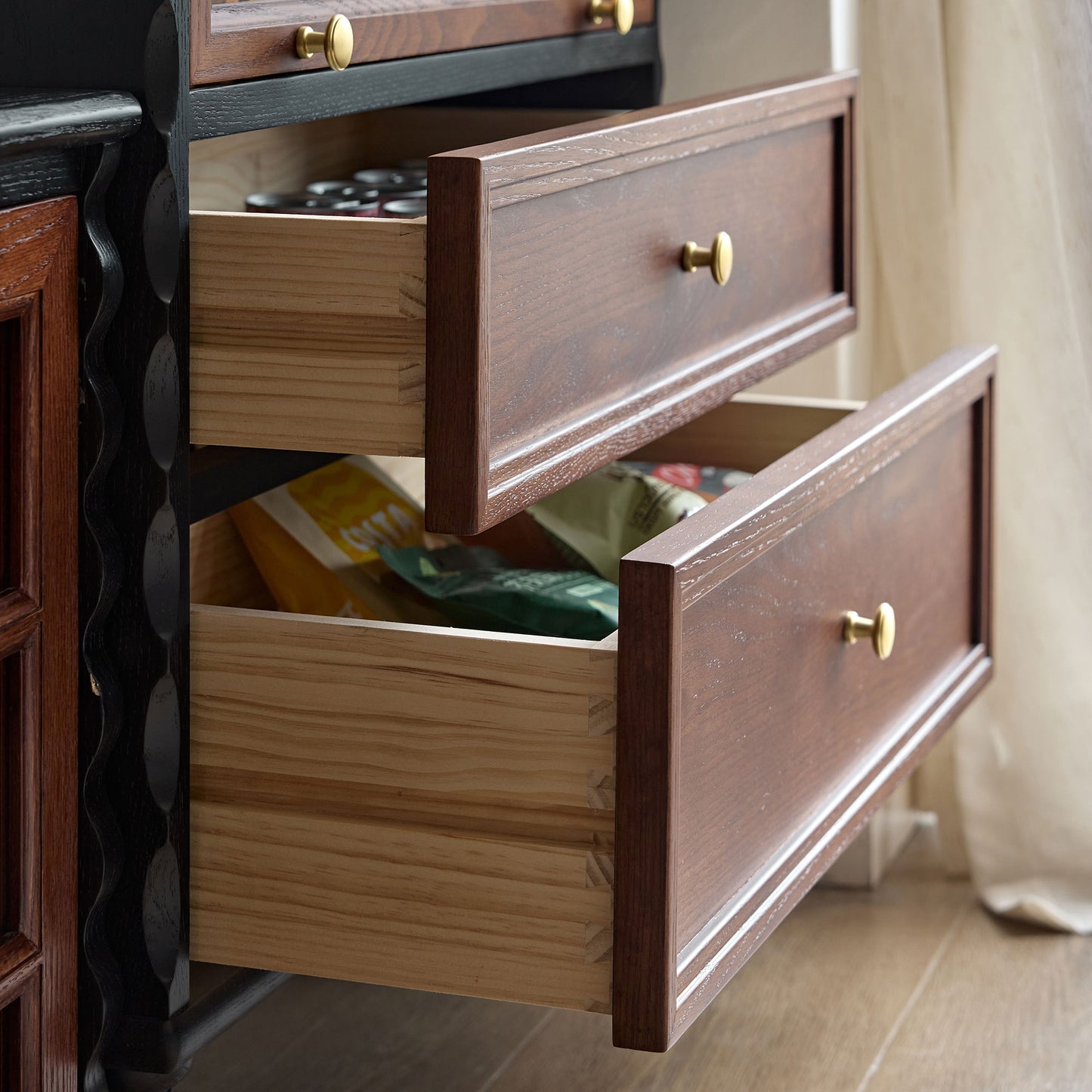 Gael Vintage Glass Display Cabinet with Drawers, Mid-Century Walnut Storage Cabinet