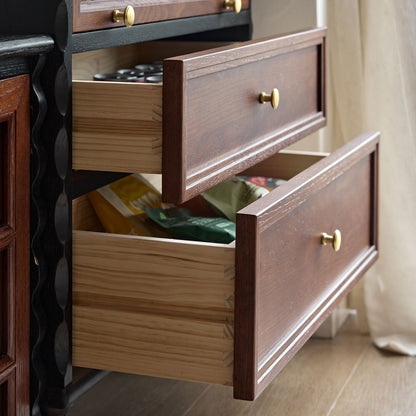 Gael Vintage Glass Display Cabinet with Drawers, Mid-Century Walnut Storage Cabinet