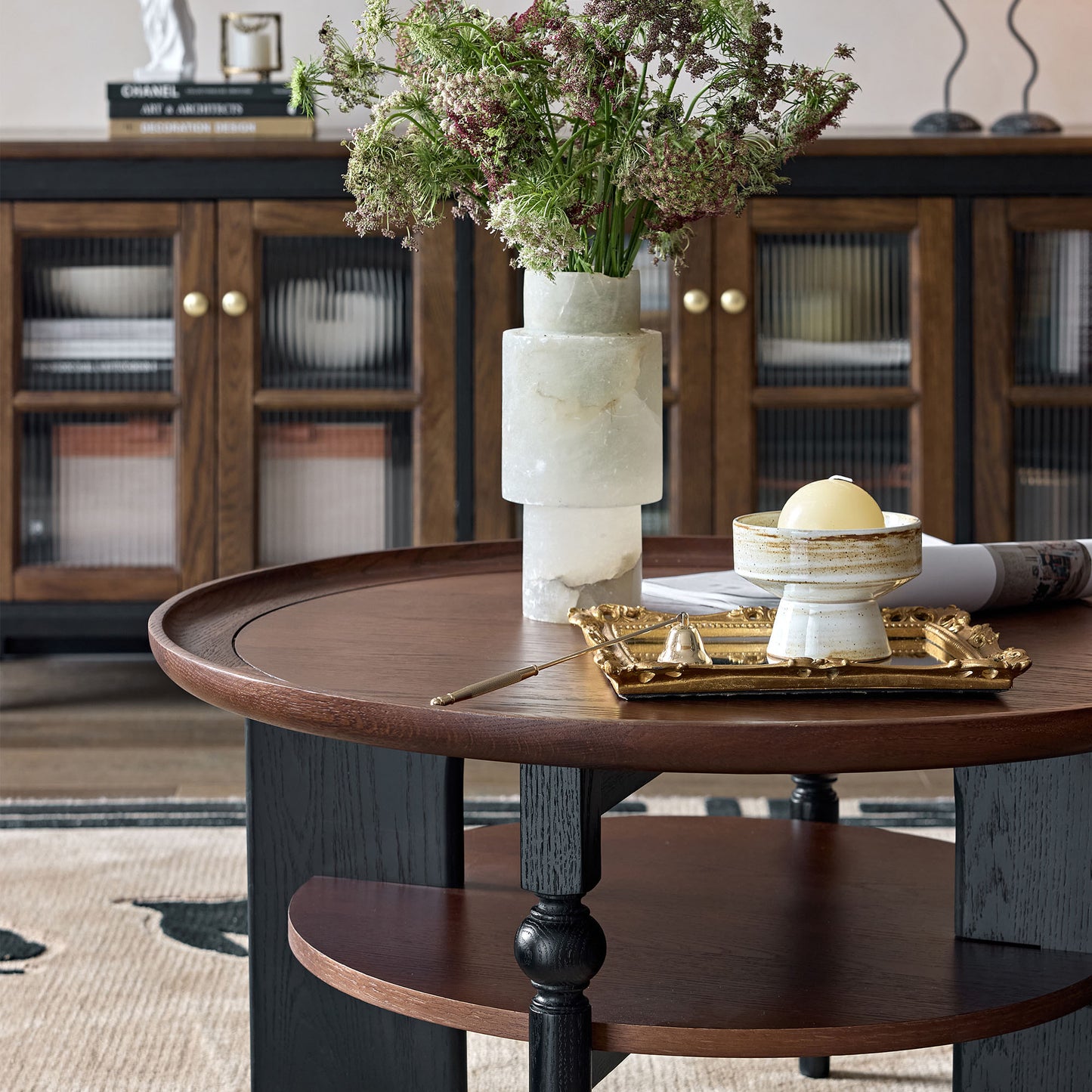 Semo Vintage Round Coffee Table, Mid-Century Walnut Living Room Center Table