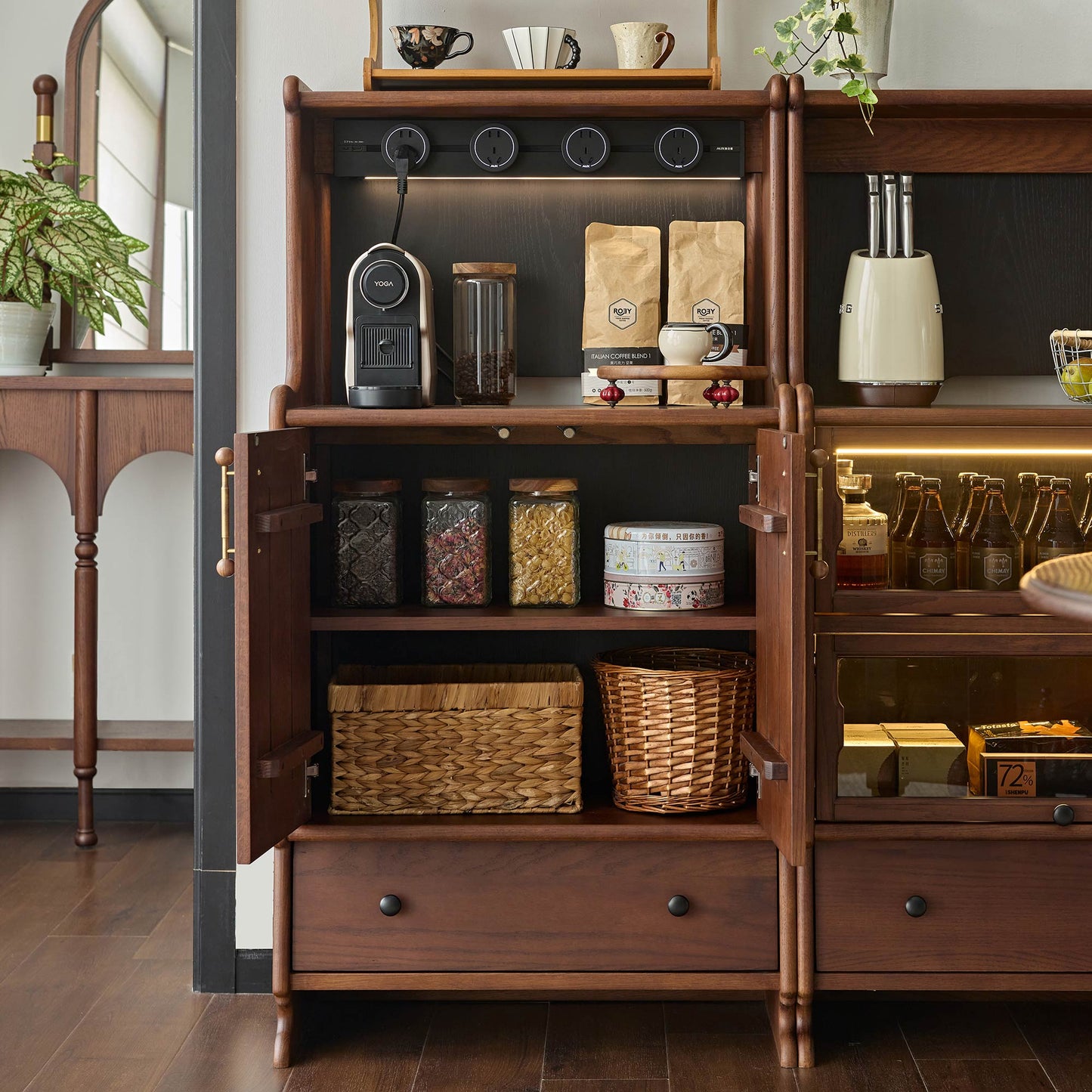Alden Vintage Entryway Cabinet with Doors, Hooks and Drawer Storage