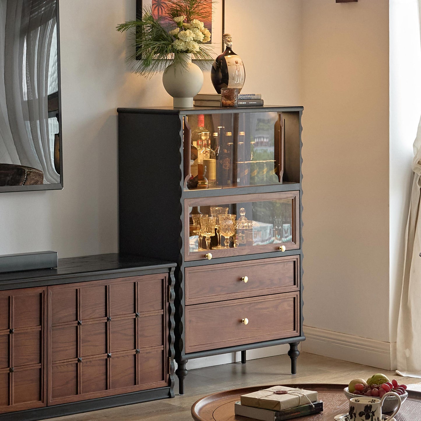 Gael Vintage Glass Display Cabinet with Drawers, Mid-Century Walnut Storage Cabinet