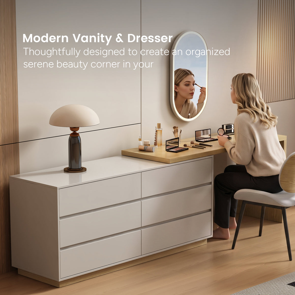 Modern Swivel Desk 98.5" with Extendable Tabletop & 6-Drawer Storage