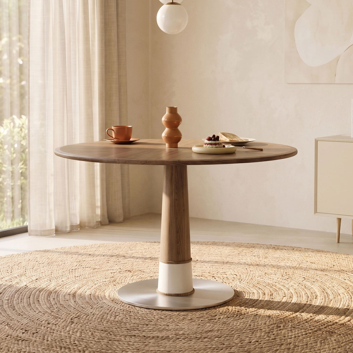 Modern Round Walnut Dining Table 47.2" with Metal Pedestal Base