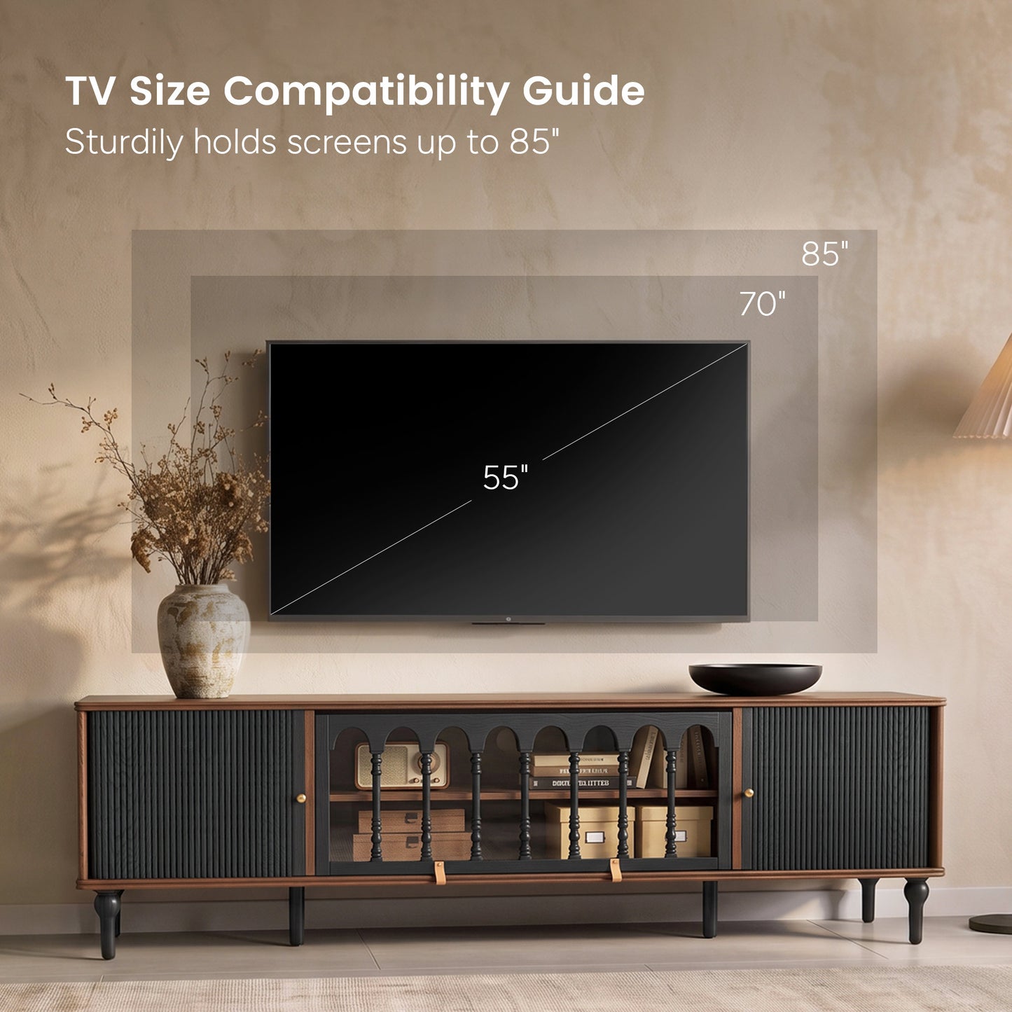 Gael Vintage TV Stand with Glass Display Cabinet, Mid-Century Walnut Media Console