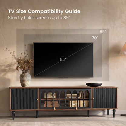 Gael Vintage TV Stand with Glass Display Cabinet, Mid-Century Walnut Media Console