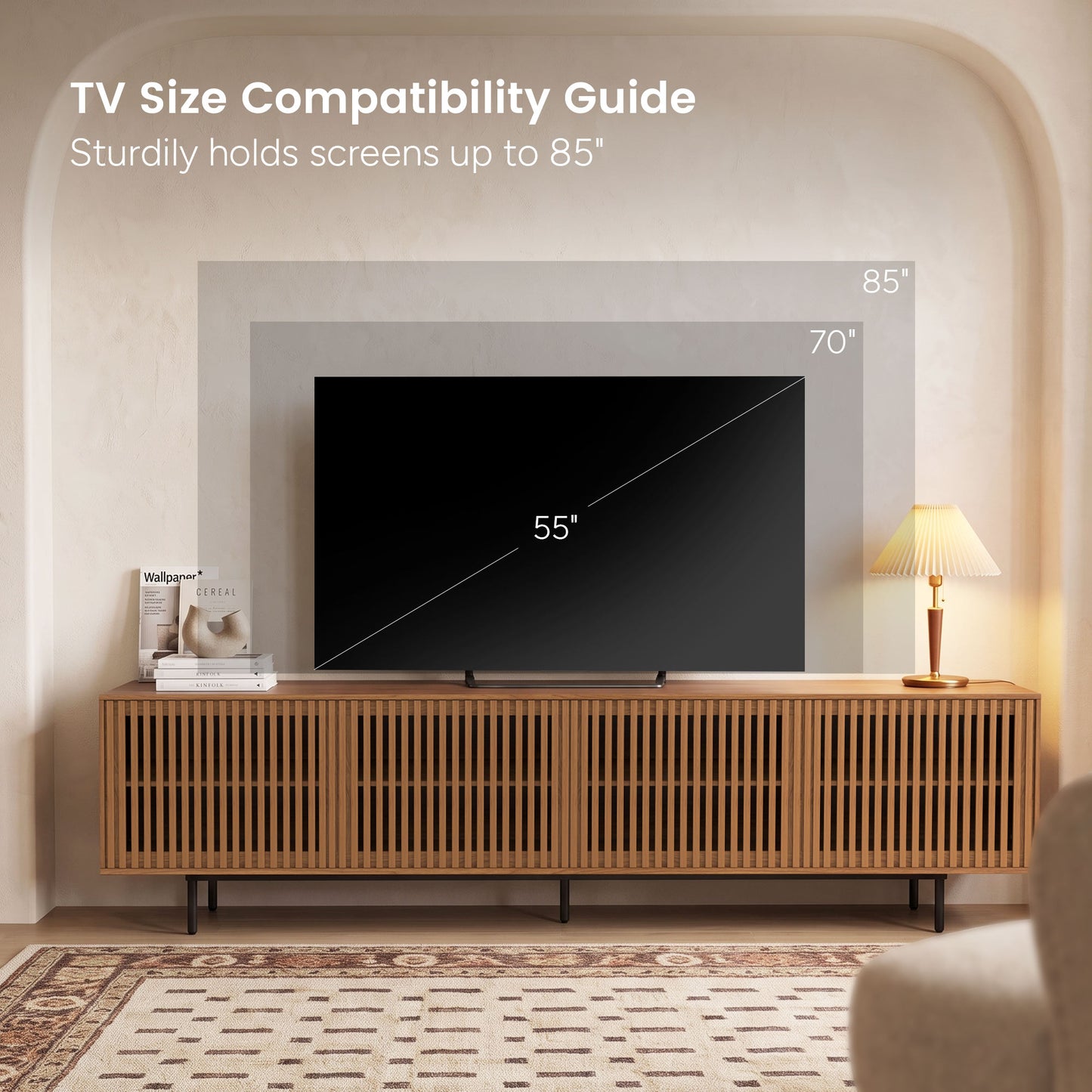 Mid-Century Modern Walnut Finish TV Stand | Slatted Entertainment Center with Storage
