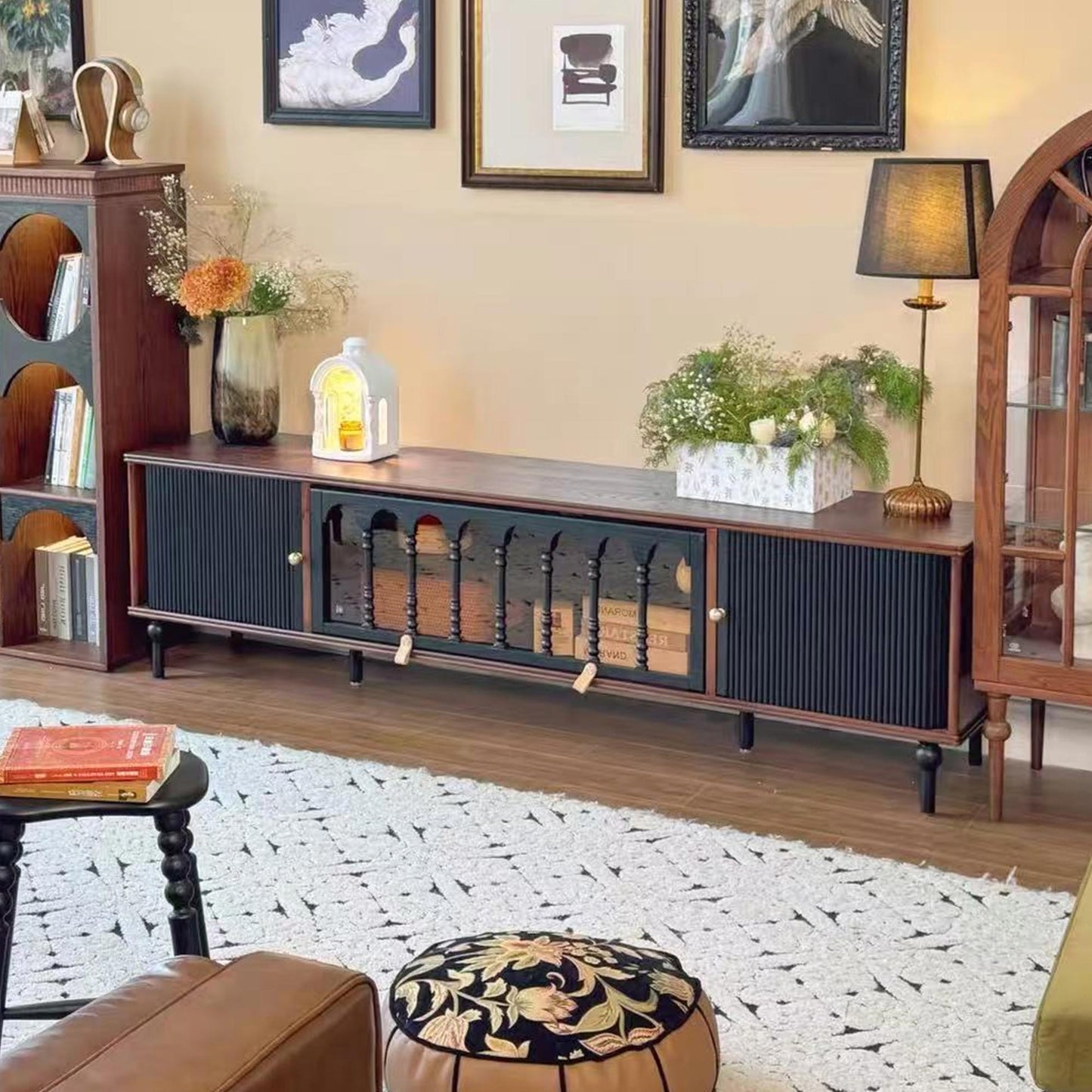 Gael Vintage TV Stand with Glass Display Cabinet, Mid-Century Walnut Media Console
