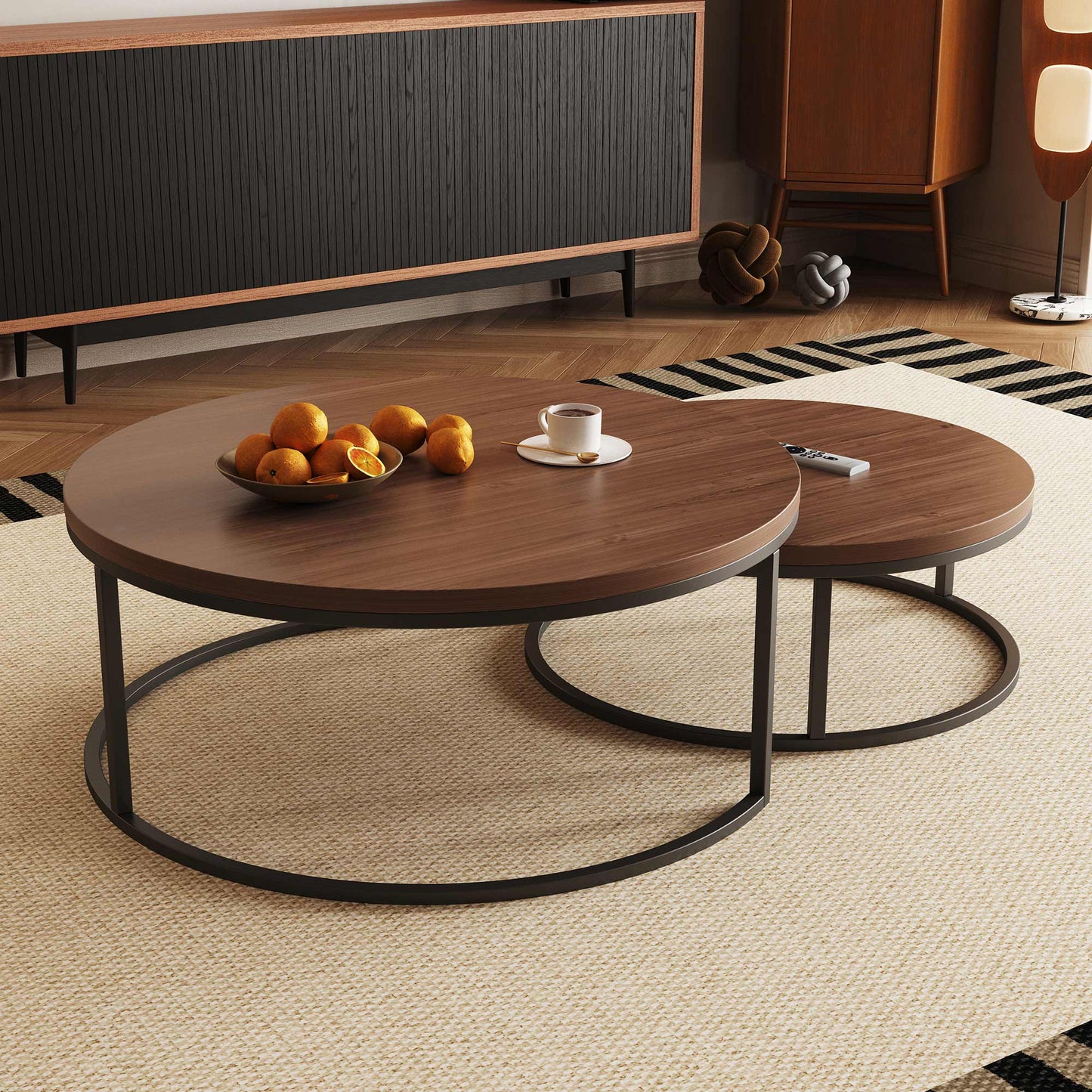 Round Nesting Coffee Tables  55.2" Set of 2 Two-Tone Finish （Warm Walnut）