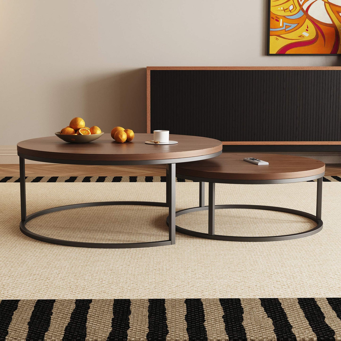 Round Nesting Coffee Tables  55.2" Set of 2 Two-Tone Finish （Warm Walnut）