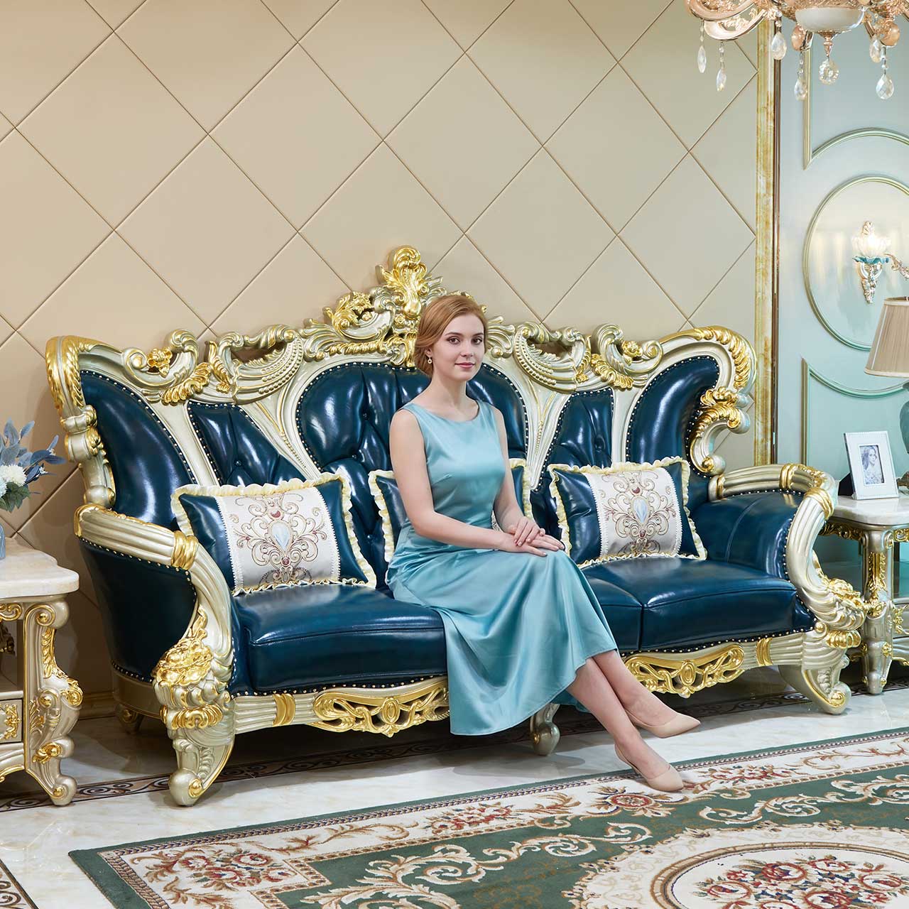 Imperial Sapphire Luxury Sofa Set – European Baroque Tufted Living Room Collection