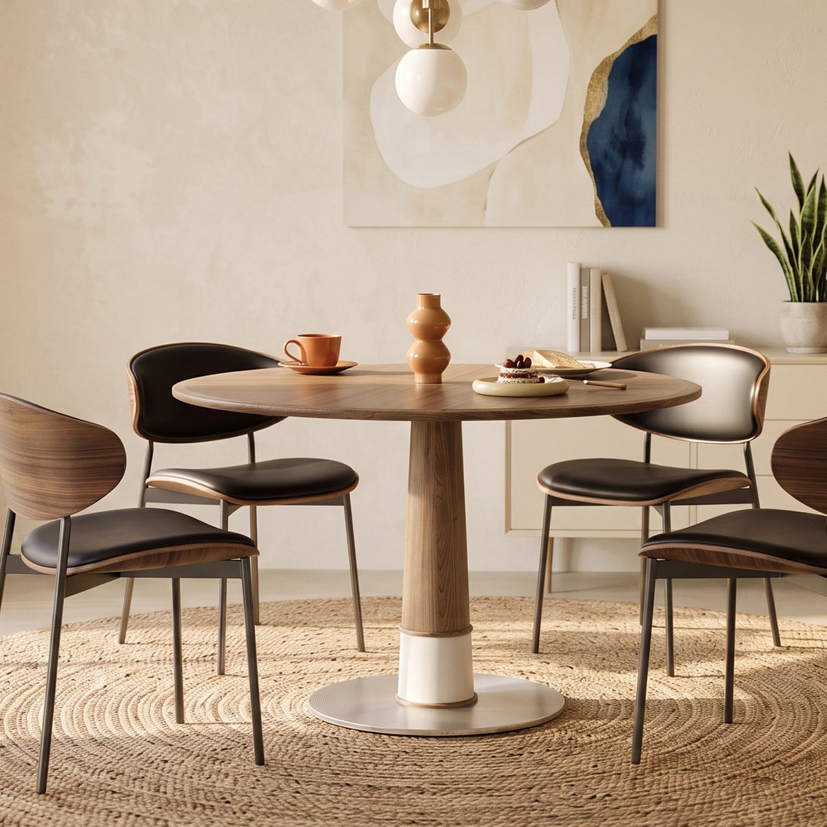 Modern Round Walnut Dining Table 47.2" with Metal Pedestal Base