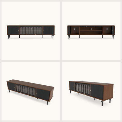Gael Vintage TV Stand with Glass Display Cabinet, Mid-Century Walnut Media Console