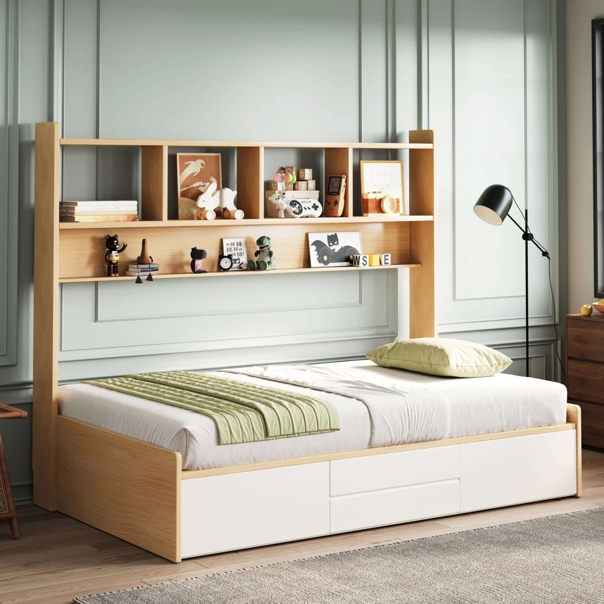 Bed C66 - FK - M001 Modern Bed with Built - In Bookshelf 76.77" - FamiDear