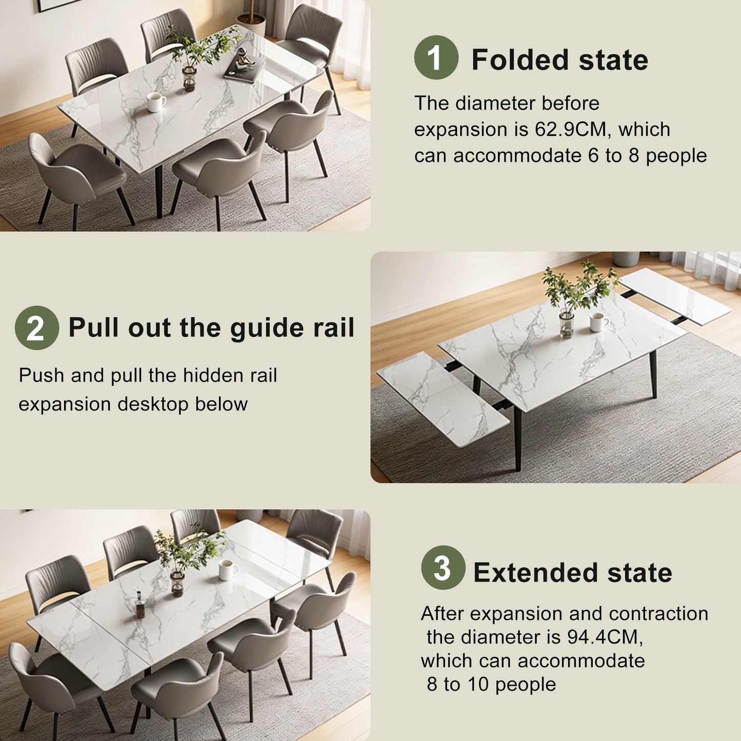 Modern Extendable Dining Table with Sintered Stone Top for 6-10 People