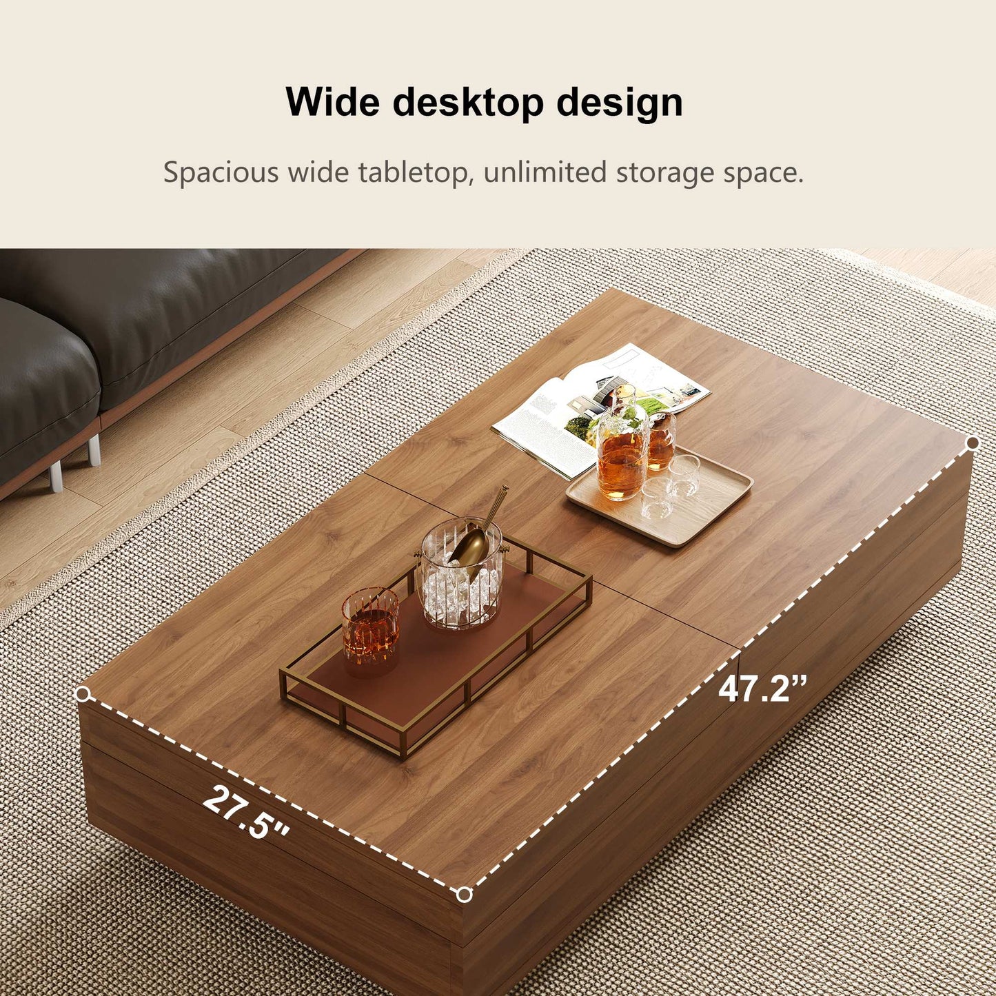 Mid-Century Expandable Coffee Table with Storage for Living Rooms