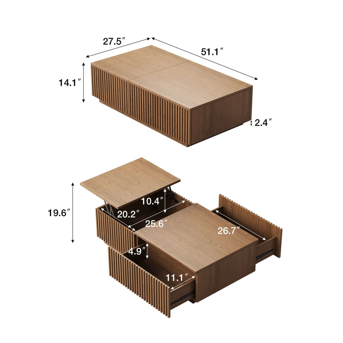 Coffee Table T36 - FK - M001 Mid - Century Modern Lift - Top Desk Smooth - Glide Drawers 51.1" - FamiDear