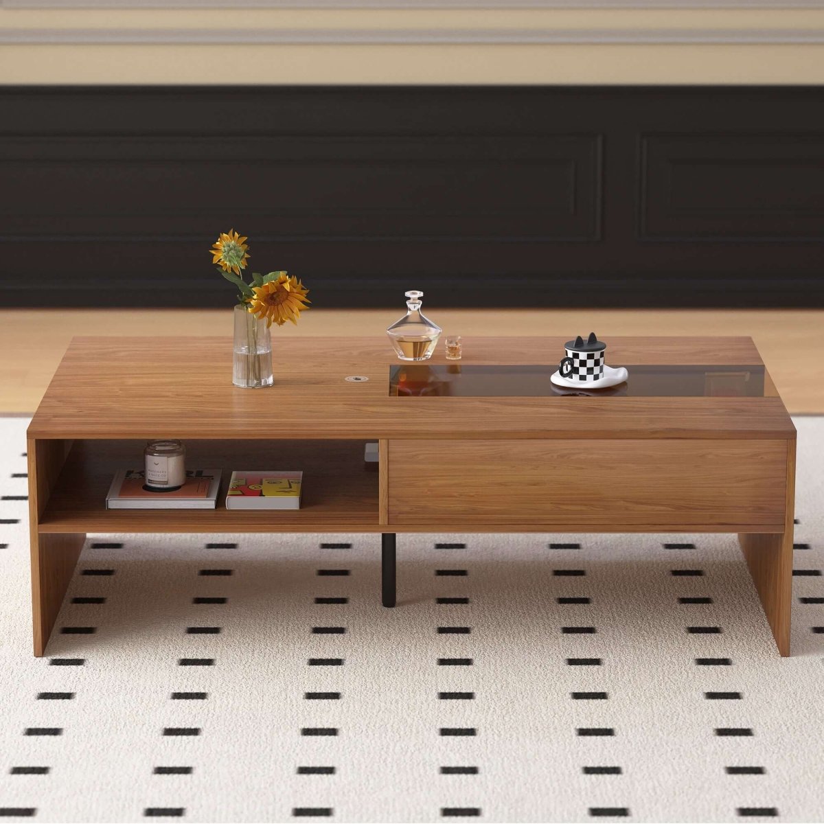 Coffee Table T40 - FK - M001 Mid - Century Modern LED Lights Spacious Storage 51.18" - FamiDear