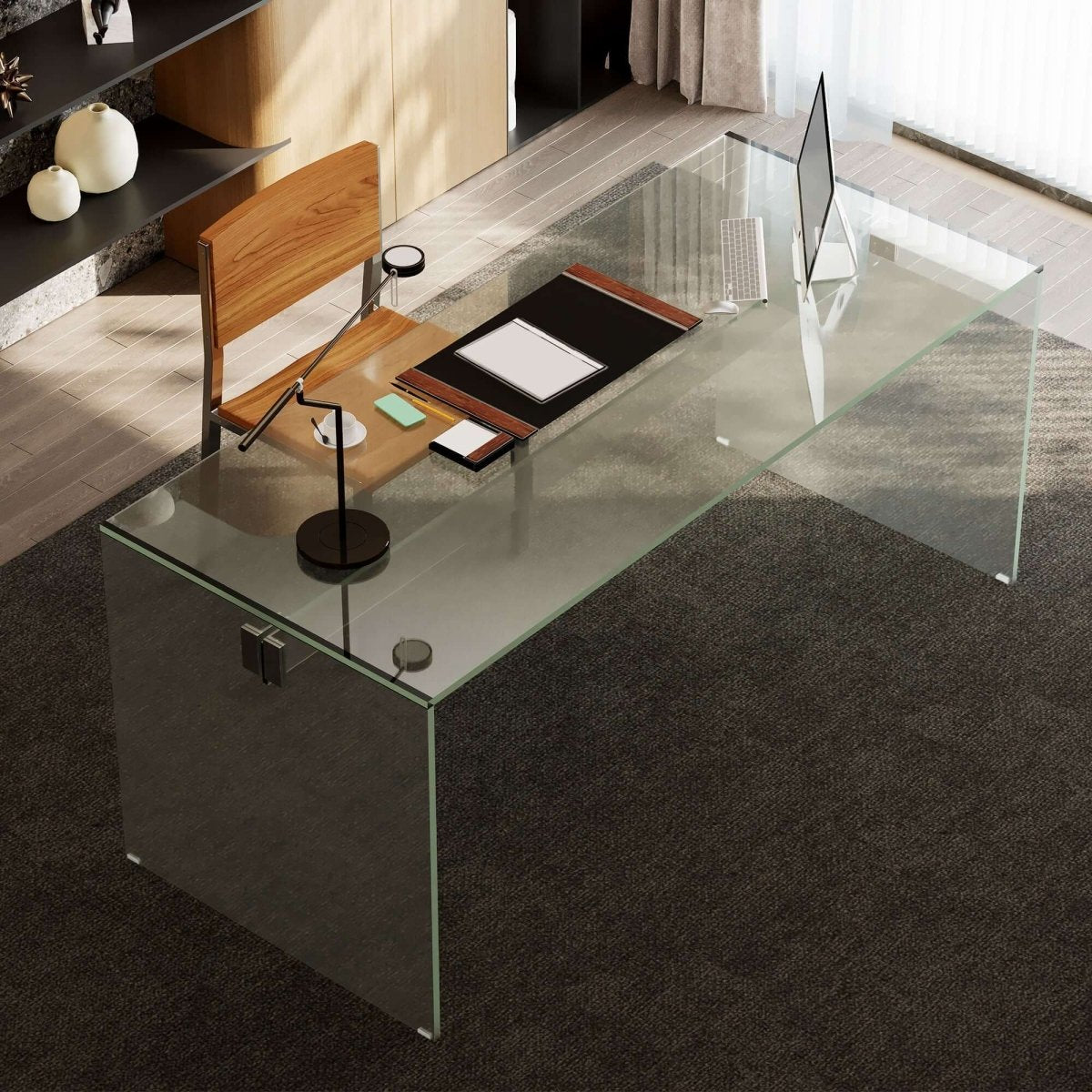 Desk D61 - FK - M001 Modern Tempered Glass Generous Tabletop Space 53.14" - FamiDear