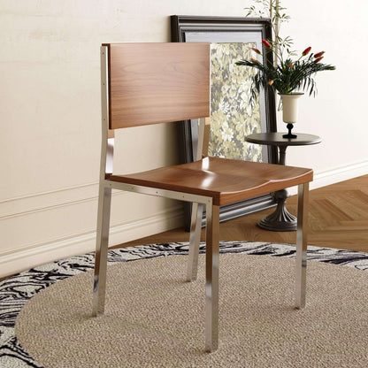 Dining Chair D53 - FK - M001 Mid - Century Modern Solid Wood Seat Brushed Stainless Steel Legs (Set of 2) - FamiDear
