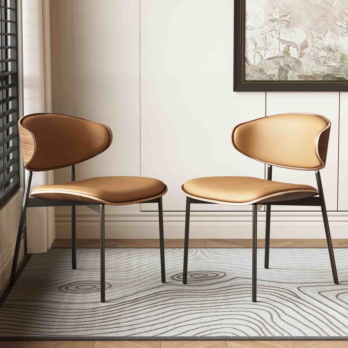 Dining Chair D56 - FK - M001 Mid - Century Modern Walnut Wood Upholstered Seat (Set of 2) - FamiDear