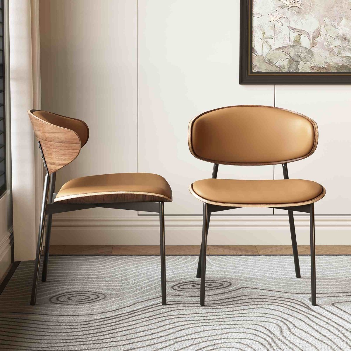 Dining Chair D56 - FK - M001 Mid - Century Modern Walnut Wood Upholstered Seat (Set of 2) - FamiDear