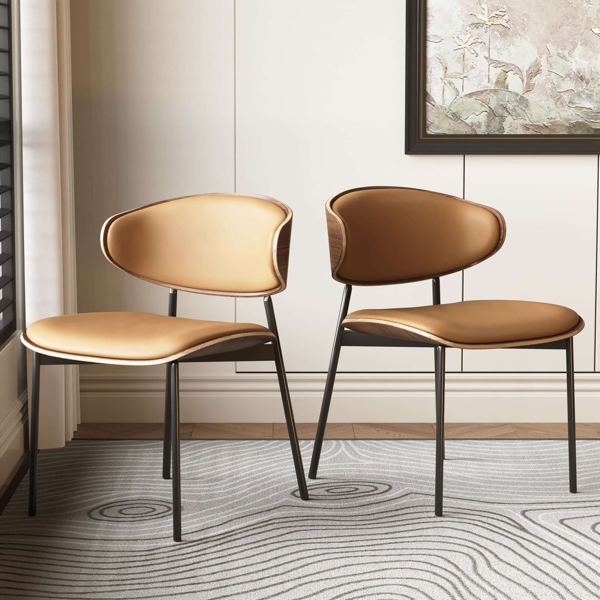 Dining Chair D56 - FK - M001 Mid - Century Modern Walnut Wood Upholstered Seat (Set of 2) - FamiDear