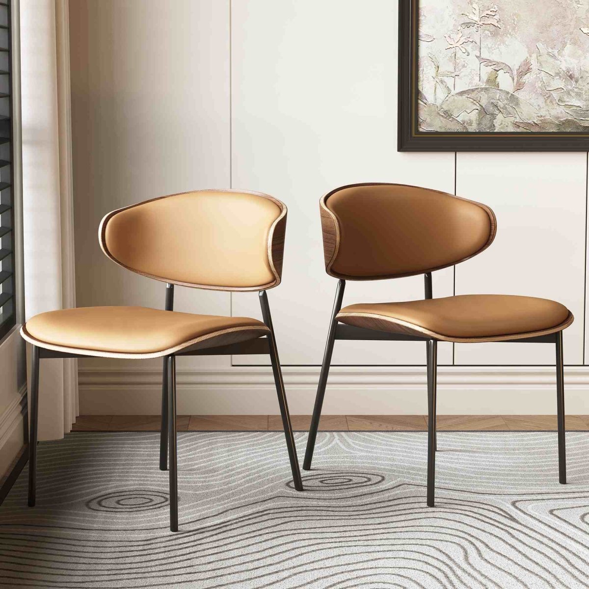 Dining Chair D56 - FK - M001 Mid - Century Modern Walnut Wood Upholstered Seat (Set of 2) - FamiDear