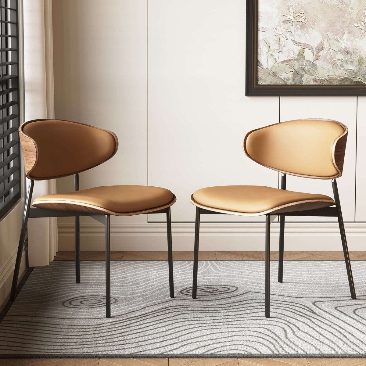 Dining Chair D56 - FK - M001 Mid - Century Modern Walnut Wood Upholstered Seat (Set of 2) - FamiDear