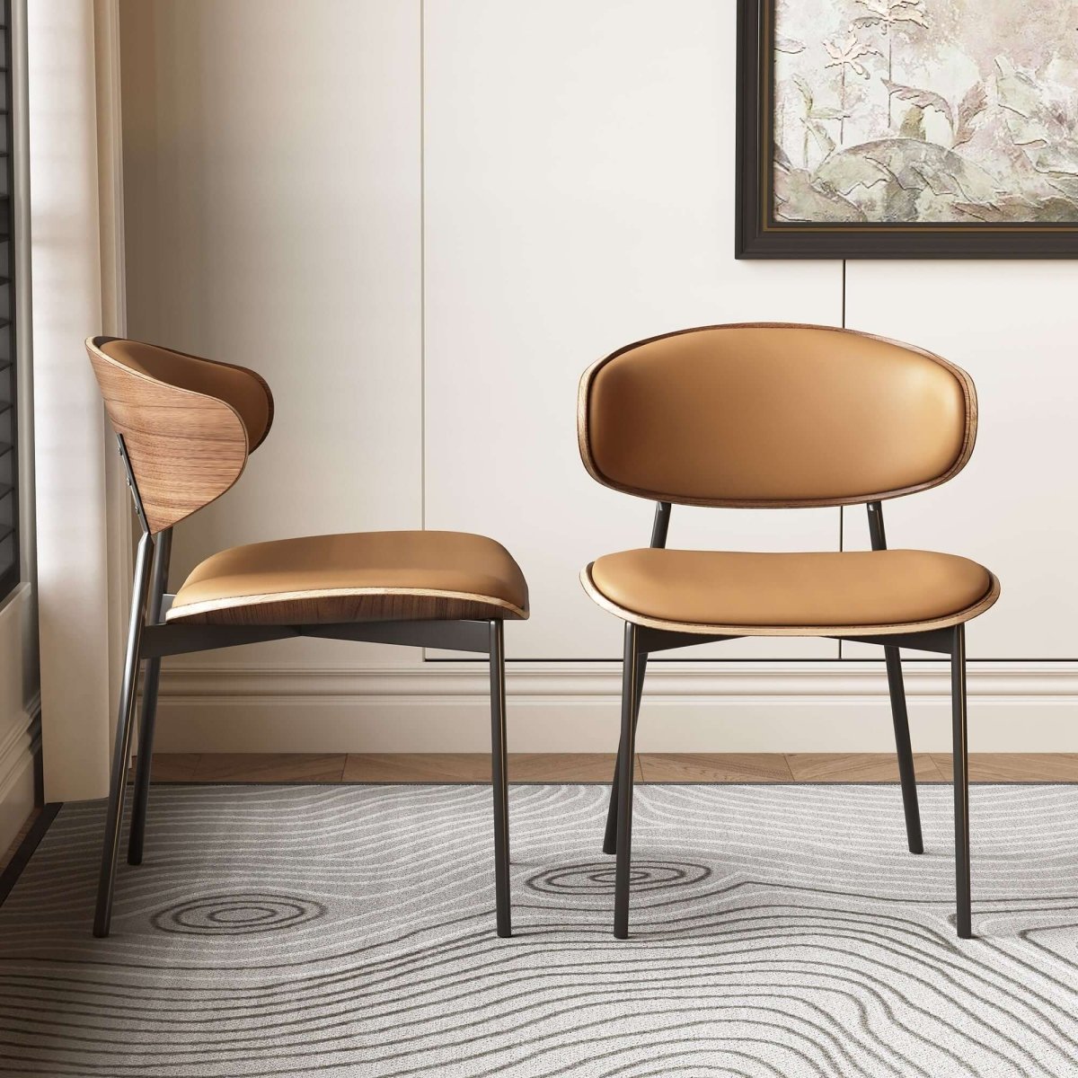 Dining Chair D56 - FK - M001 Mid - Century Modern Walnut Wood Upholstered Seat (Set of 2) - FamiDear