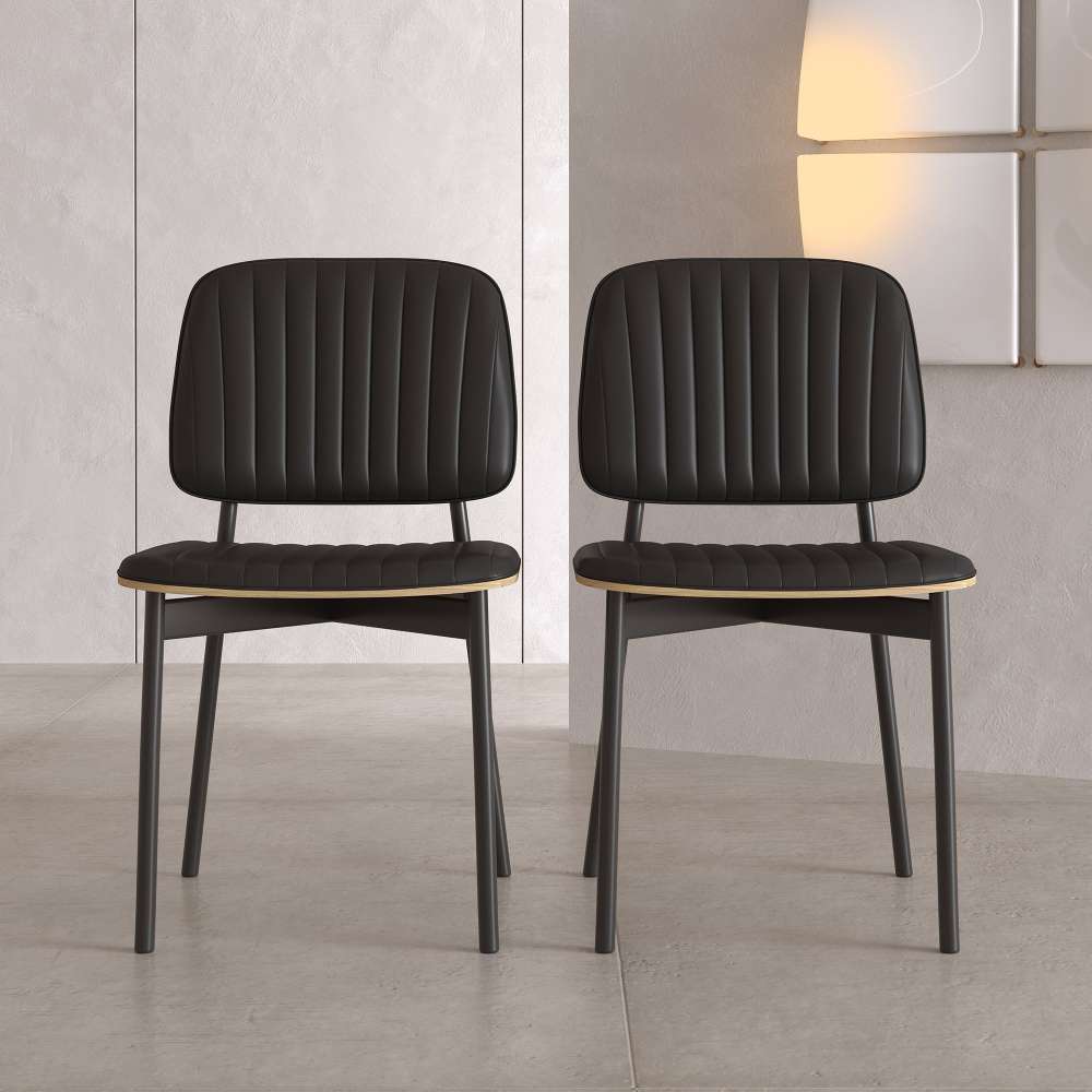 Dining Chair D58 - FK - M001 Modern Black Leather And Metal Legs (Set of 2) - FamiDear