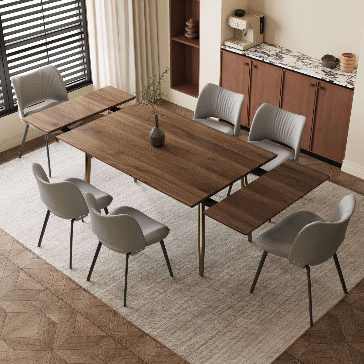 Dining Table D51 - FK - M001 Mid - Century Modern Walnut Wood Extendable 62.9" to 94.4" - FamiDear