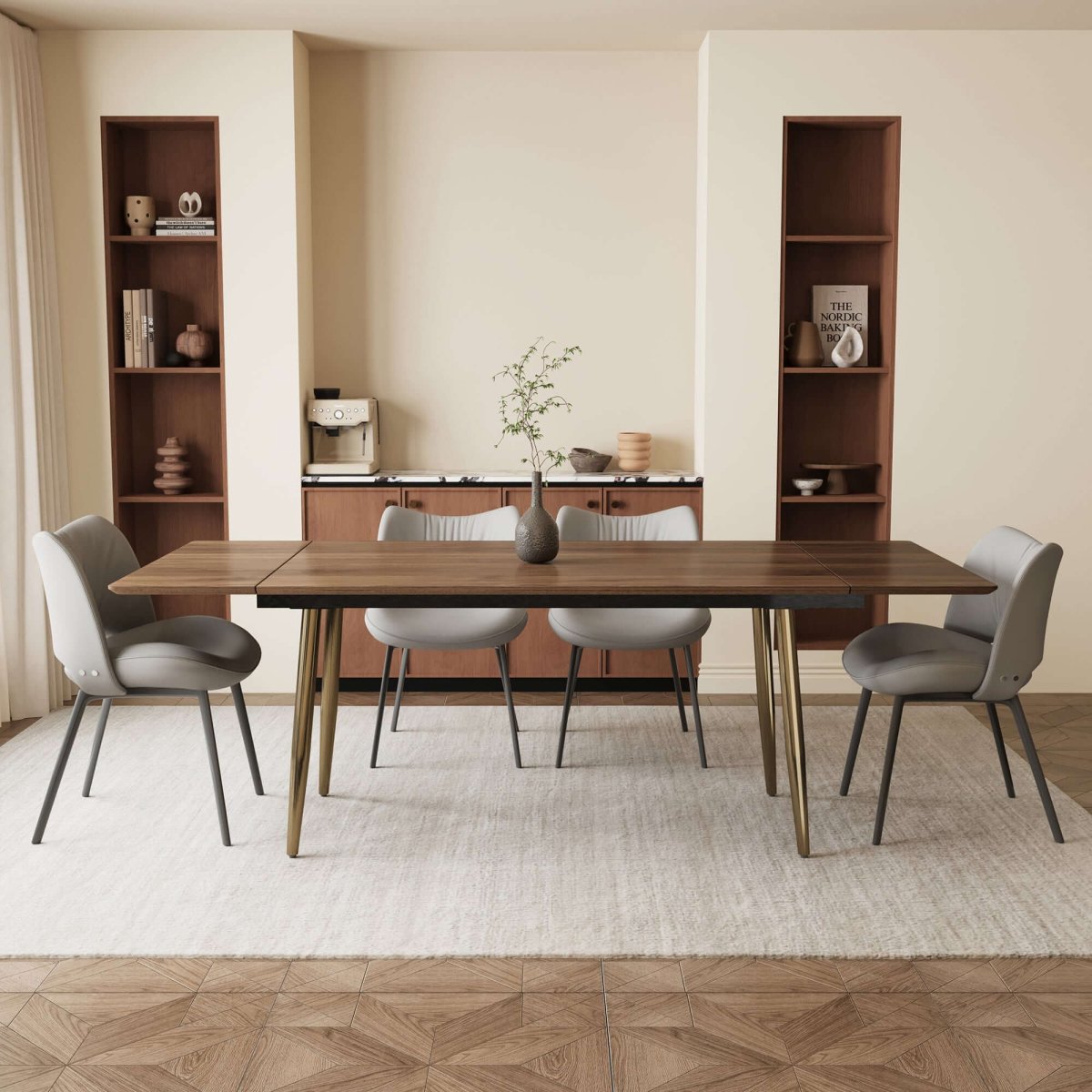 Dining Table D51 - FK - M001 Mid - Century Modern Walnut Wood Extendable 62.9" to 94.4" - FamiDear