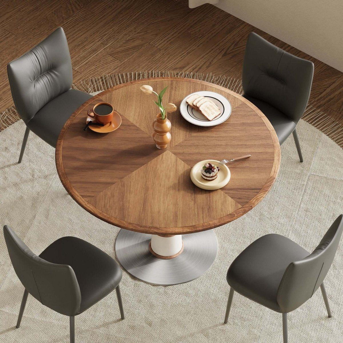 Dining Table D52 - FK - M001 Modern Round Walnut Wood Metal Base 47.2" - FamiDear