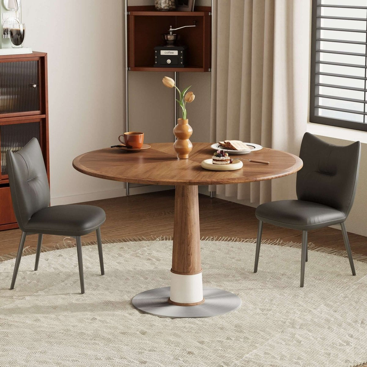 Dining Table D52 - FK - M001 Modern Round Walnut Wood Metal Base 47.2" - FamiDear