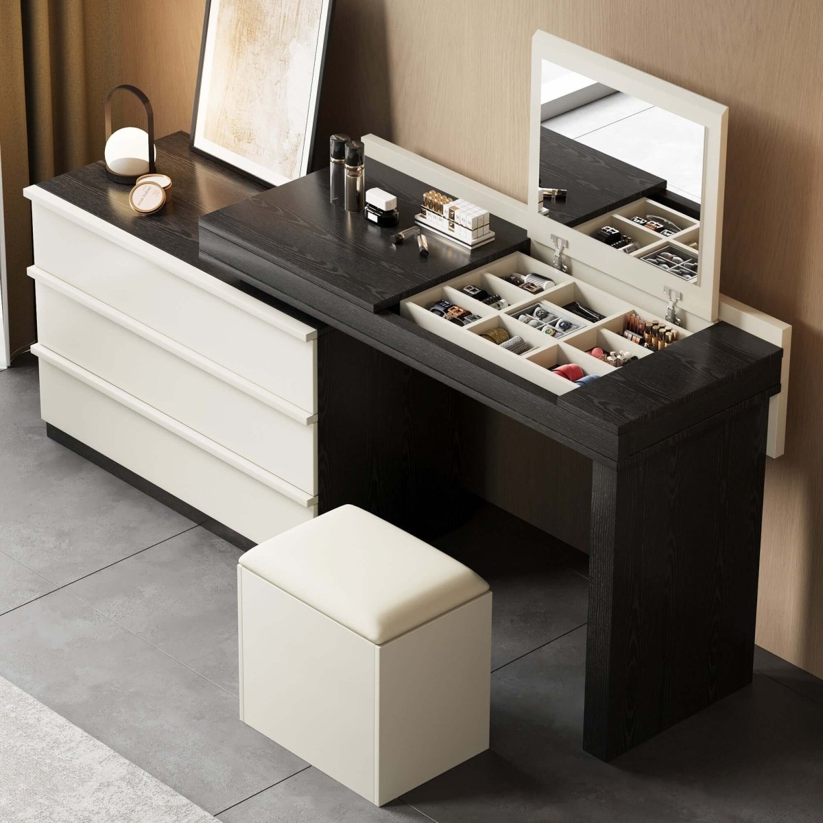 Dresser D65 - FK - M001 Modern Swivel Desk Top with 3 Drawers - FamiDear