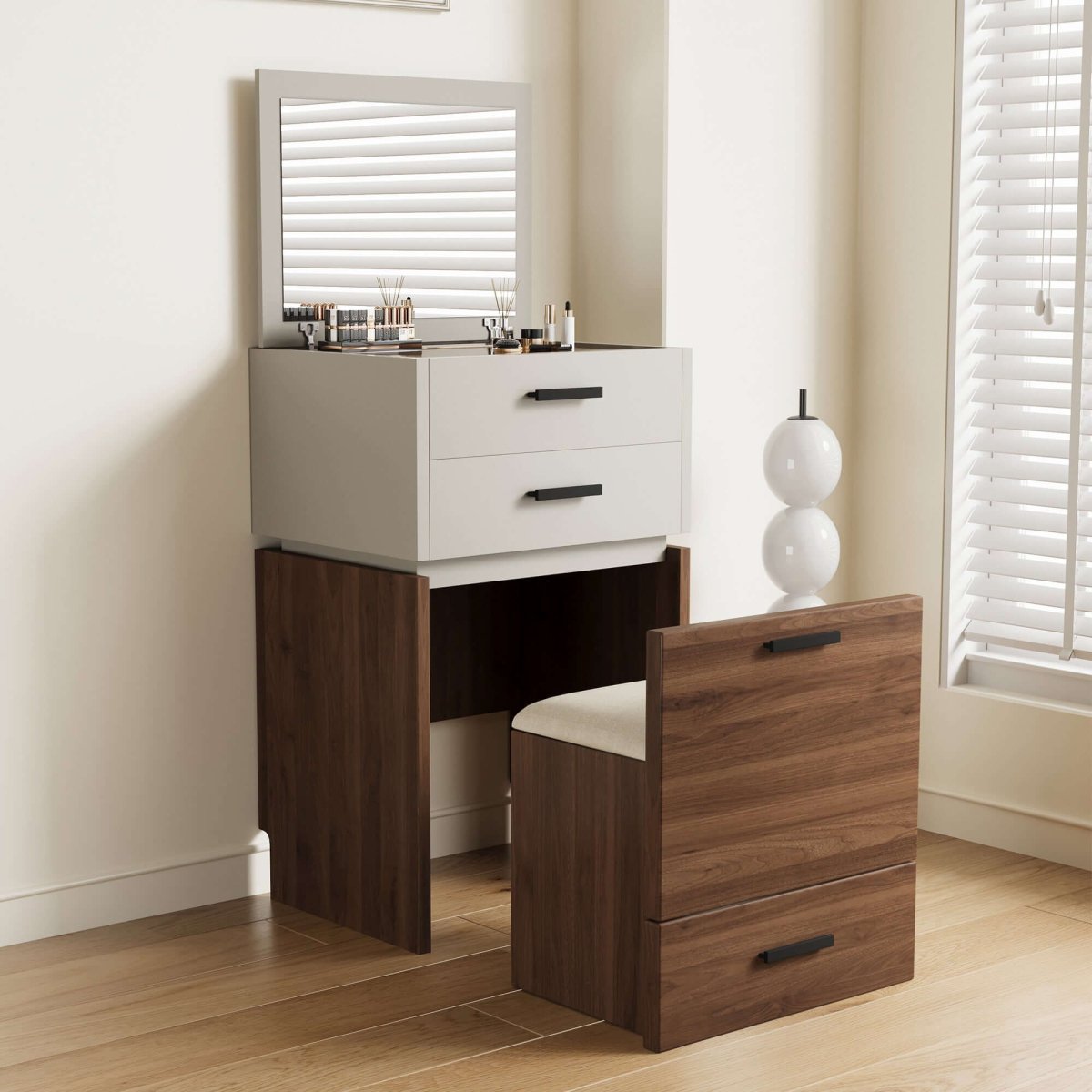 Dresser D74 - FK - M001 Mid - Century Modern Flip Mirror with 3 Drawers Includes Matching Stool 19.68" - FamiDear