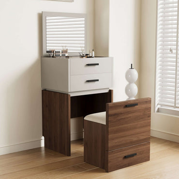 Dresser D74 - FK - M001 Mid - Century Modern Flip Mirror with 3 Drawers Includes Matching Stool 19.68" - FamiDear