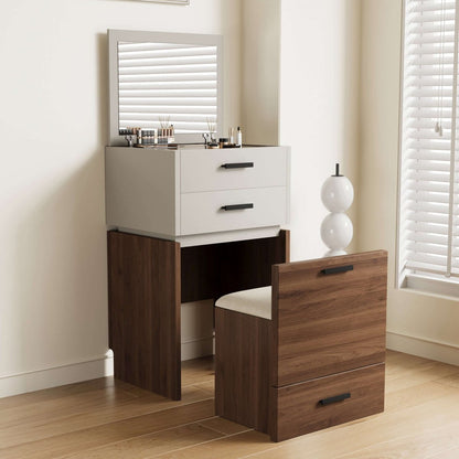 Dresser D74 - FK - M001 Mid - Century Modern Flip Mirror with 3 Drawers Includes Matching Stool 19.68" - FamiDear
