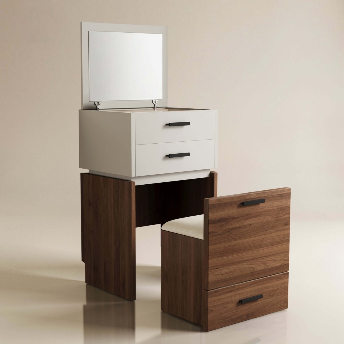 Dresser D74 - FK - M001 Mid - Century Modern Flip Mirror with 3 Drawers Includes Matching Stool 19.68" - FamiDear