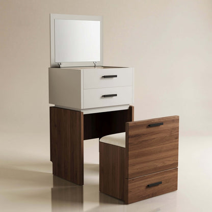 Dresser D74 - FK - M001 Mid - Century Modern Flip Mirror with 3 Drawers Includes Matching Stool 19.68" - FamiDear