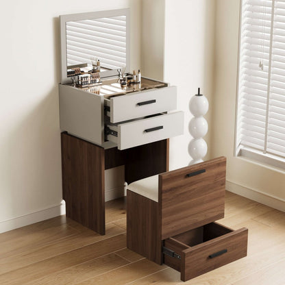 Dresser D74 - FK - M001 Mid - Century Modern Flip Mirror with 3 Drawers Includes Matching Stool 19.68" - FamiDear