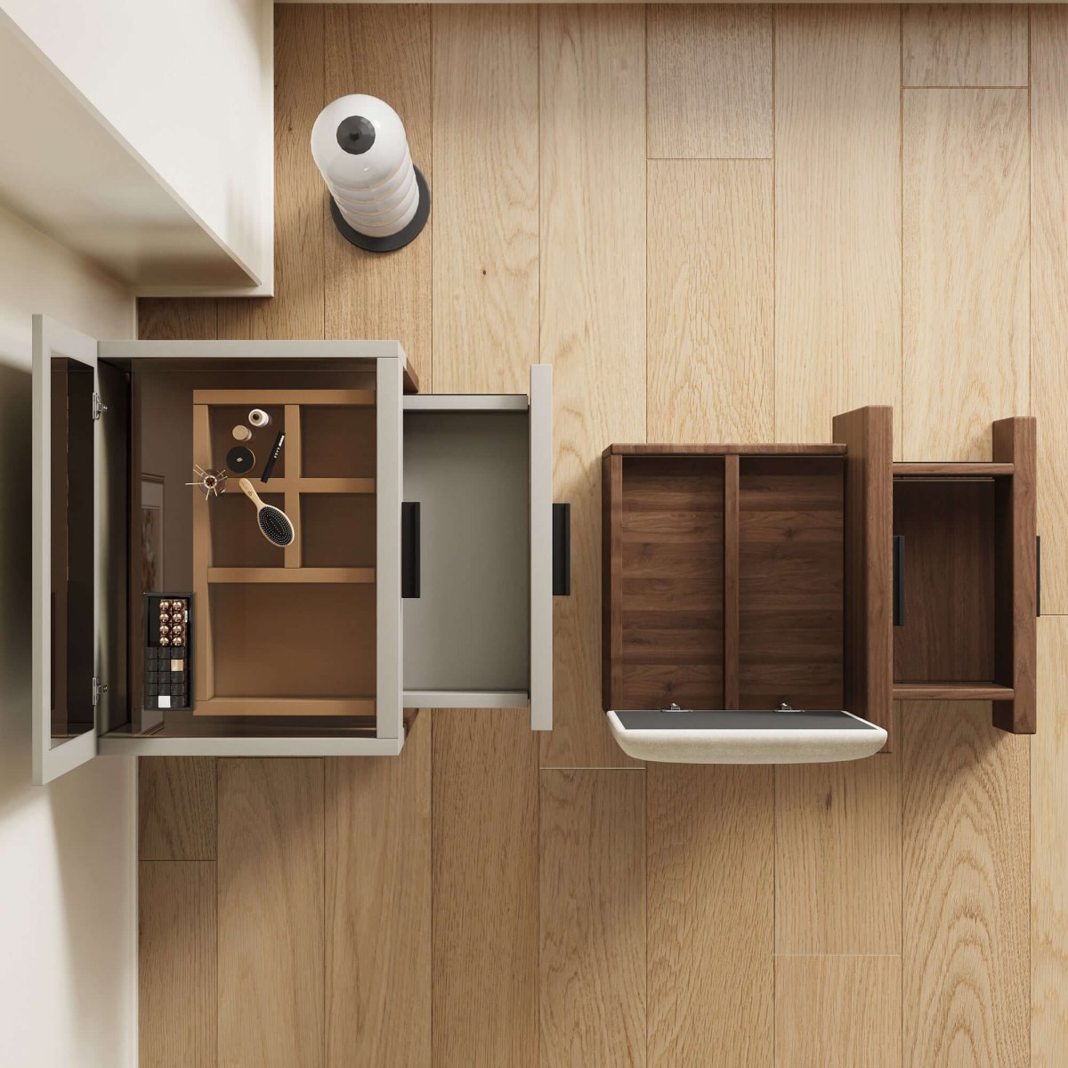 Dresser D74 - FK - M001 Mid - Century Modern Flip Mirror with 3 Drawers Includes Matching Stool 19.68" - FamiDear